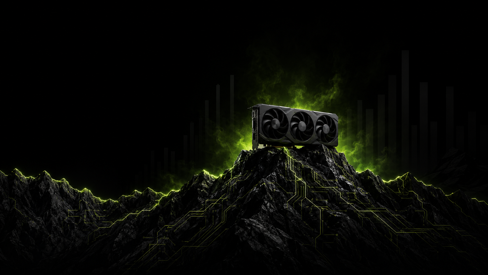 Black GPU graphics card on a dark mountain peak with glowing lime-green circuit traces and green energy glow